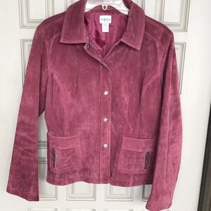Chico's Design Jacket Sz 2 Magenta Suede Leather Designs Snap Front Zip Pockets